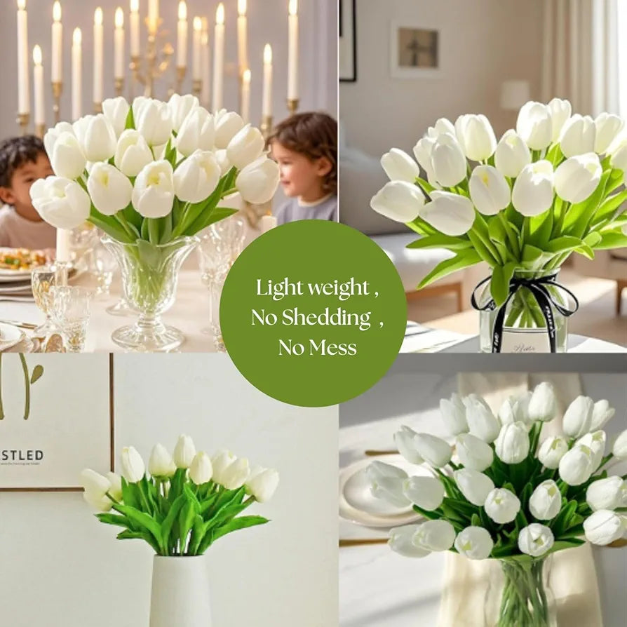 VERVENIX 5 Pcs Artificial Tulip Lily Flowers for Vase | White Fabric Faux Tulips for Home Décor, Living Room, Bedroom, Party & Wedding Decoration